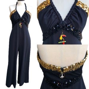 Vtg 70s Disco Sequined Halter Toucan Peace Sign Gold Black ILGWU Jumpsuit Romper